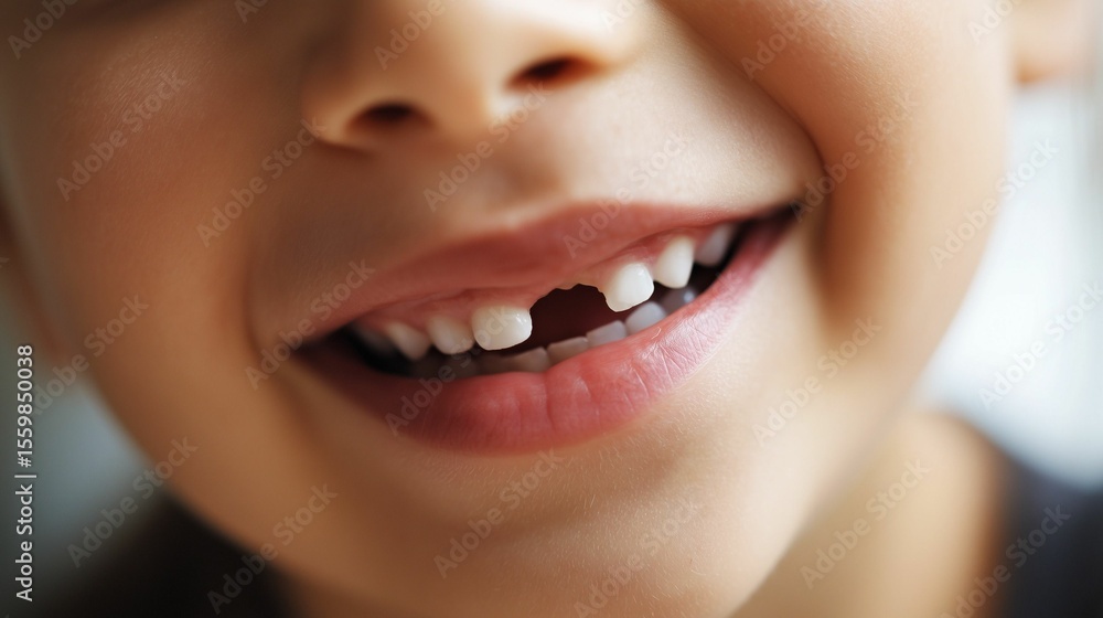 Obraz premium AI-generated illustration of a young child's smiling face showing a missing tooth