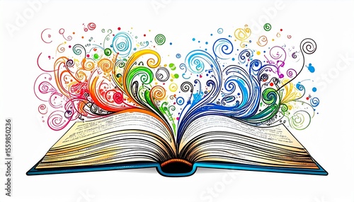 Open book with colorful swirls and cheerful hand-drawn doodles in a lively design style