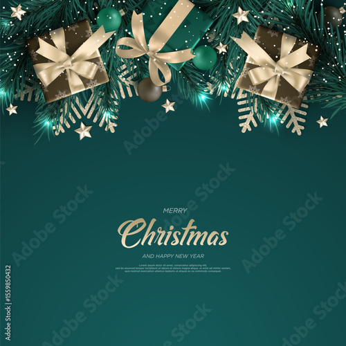 Christmas theme with gifts decorations and text on a dark green background.