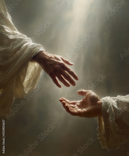 human hands reaching out toward the open hands of Jesus Christ 