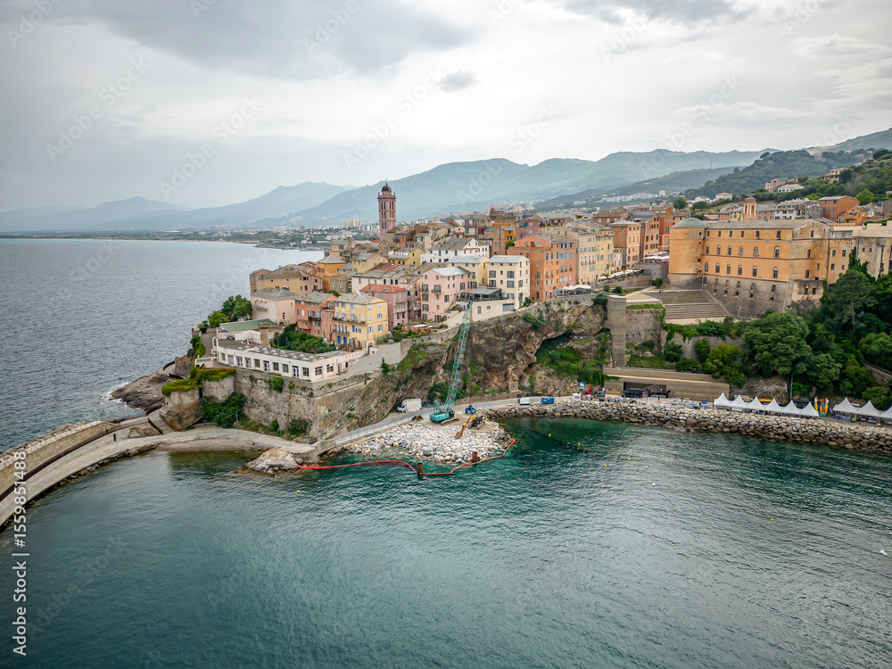 Naklejka premium Aerial view of the Citadel of Bastia in the north of Corsica island - Genoese city overlooking the Mediterranean Sea