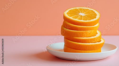 Stacked orange slices on a white plate against a colorful backdrop