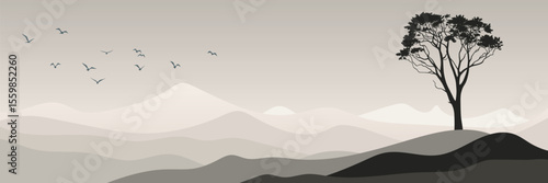 Minimalistic landscape, morning light, lonely tree, vector illustration