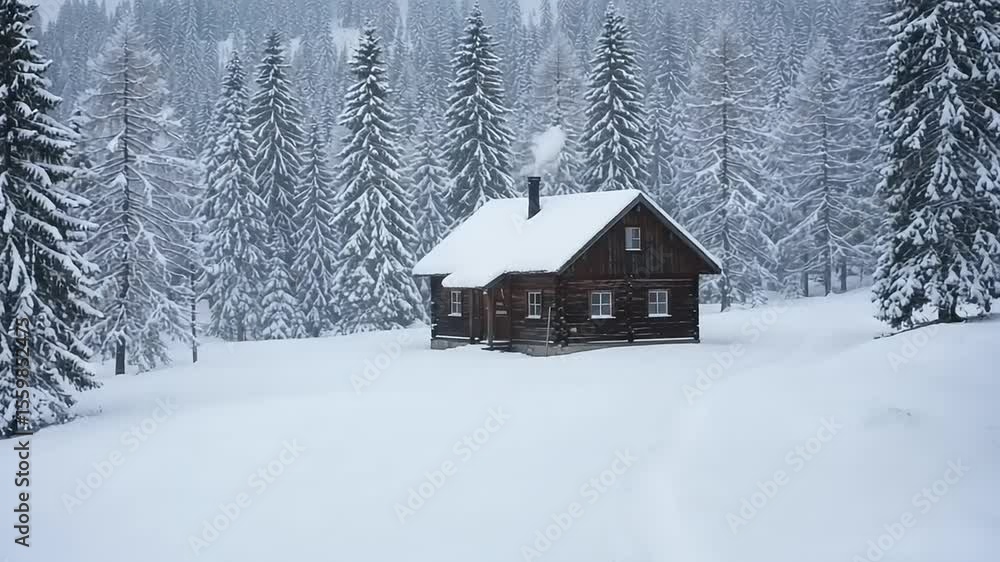 Snowy Cabin with Winter Forest, and Alps. Snowy Cabin with Winter Forest, and Alps.