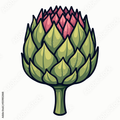 Illustration of a Fresh Artichoke with Green Leaves and Pink Flower Buds, Vector Graphic