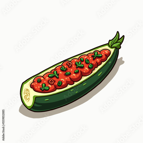 Illustration of a Stuffed Zucchini with Tomato Sauce and Herbs, a Healthy and Delicious Vegetarian Meal Option