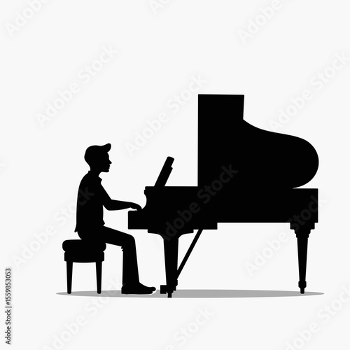 Silhouette of a Person Playing a Grand Piano, Musical Performance Illustration