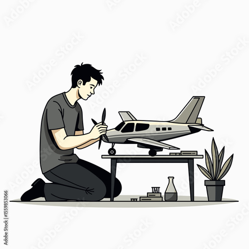 Man Assembling a Model Airplane Kit on a Table, Hobbies and Leisure Cartoon Style Illustration