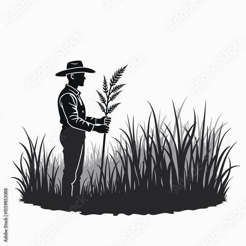 Silhouette Illustration of a Farmer Holding Wheat Stalks Standing in a Field of Tall Grass