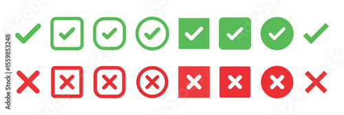 Green check marks and red X marks. Check marks indicate approval. X marks indicate rejection. Simple symbols for yes and no. Clear visual for correct and incorrect. Vector element set