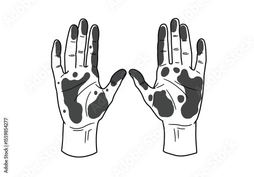Dirty hands drawing. It is a black and white outline image of two dirty hands, covered in splatters or stains, suggesting labor or mess. Vector sketch line art draw.