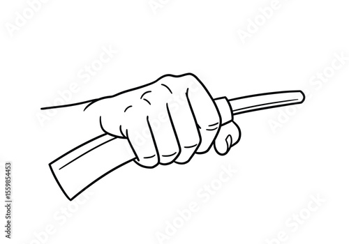 Gripping hand drawing. It is a black and white outline image of a hand gripping an object, demonstrating a firm hold or grasp. Vector sketch line art draw.
