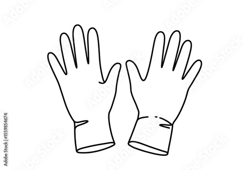 Hand gloves drawing. It is a black and white outline image of two hand gloves, protective coverings for hands, often used for various tasks. Vector sketch line art draw.