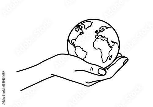 Hand holding earth drawing. It is a black and white outline image of a hand holding the Earth, symbolizing environmental protection, global care, and responsibility. Vector sketch line art draw.