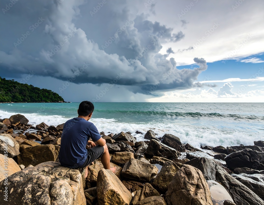 A solitary person watches as a fierce storm unleashes on the rocky shoreline A solitary person watches as a fierce storm unleashes on the rocky shoreline