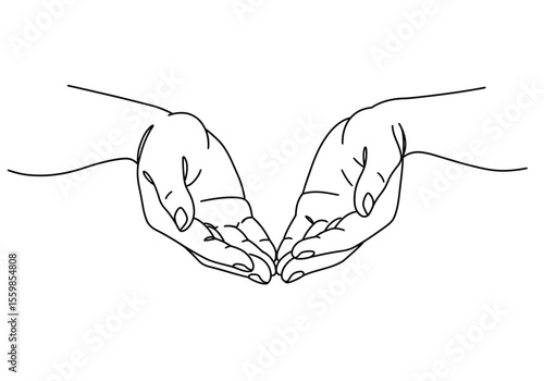 Hands cupped drawing. It is a black and white outline image of two hands cupped together, symbolizing offering, receiving, holding, or prayer. Vector sketch line art draw.