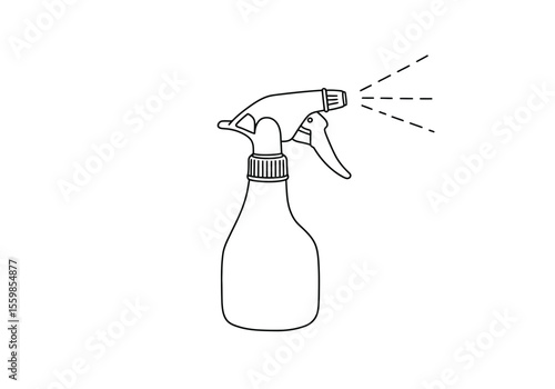Hand sprayer drawing. It is a black and white outline image of a hand sprayer, a bottle with a trigger for misting liquids like water or cleaning solutions. Vector sketch line art draw.