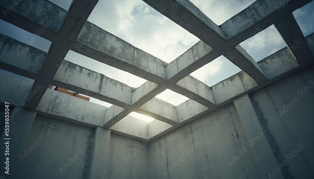 Fototapeta premium Concrete open ceiling structure under cloudy sky with geometric beams