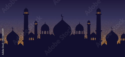 Silhouette of an Islamic skyline at night, with domes and minarets. Vector illustration.