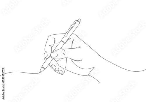 Hand with pen drawing. It is a black and white outline image of a hand holding a pen, poised to write or draw, symbolizing creativity and education. Vector sketch line art draw.