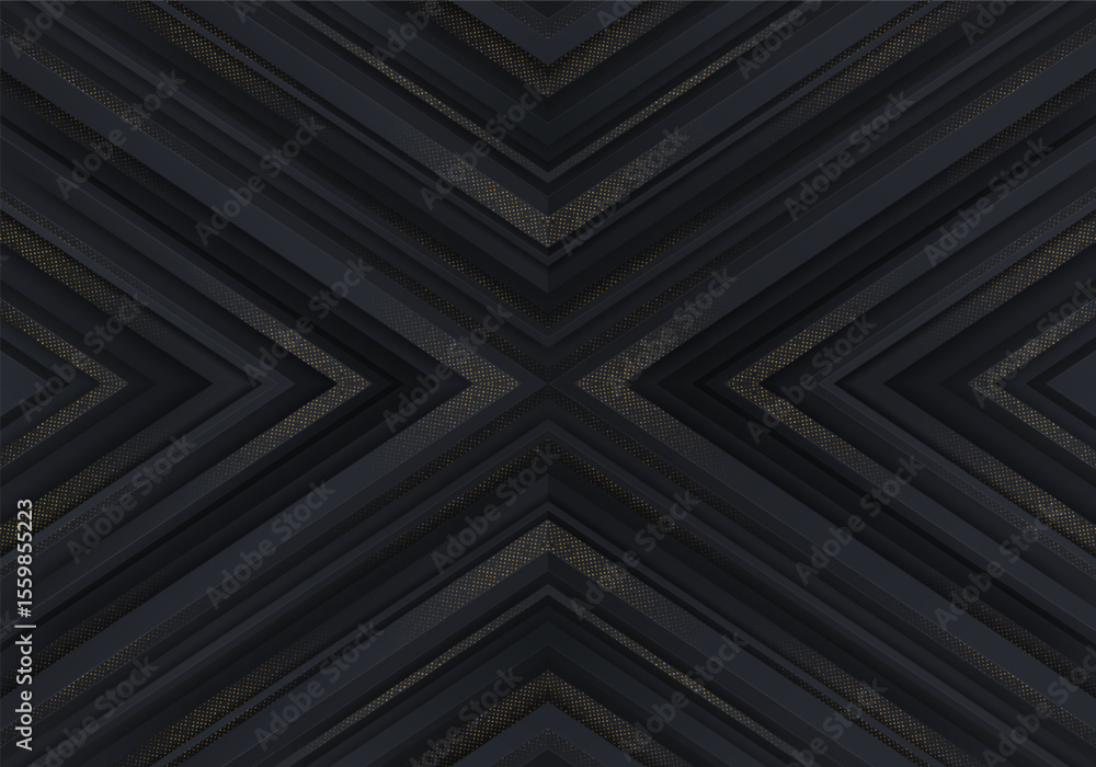 Obraz premium Abstract striped textured 3d black background with golden halftone. Luxury black and gold banner. Vector illustration with copy space.