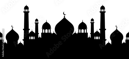 Silhouette of an Islamic skyline with domes and minarets. Vector illustration.