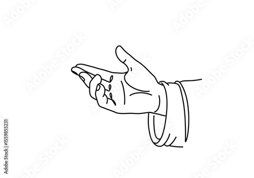 Jesus hand drawing. It is a black and white outline image of a hand, possibly depicting Jesus Christ's hand, in a gesture of blessing, teaching, or offering. Vector sketch line art draw.