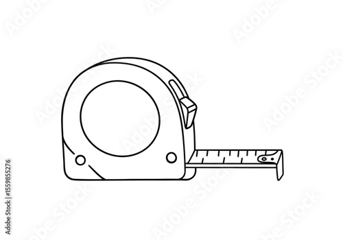Measure tape drawing. It is a black and white outline image of a measuring tape, a common tool for precise length measurements in various tasks. Vector sketch line art draw.