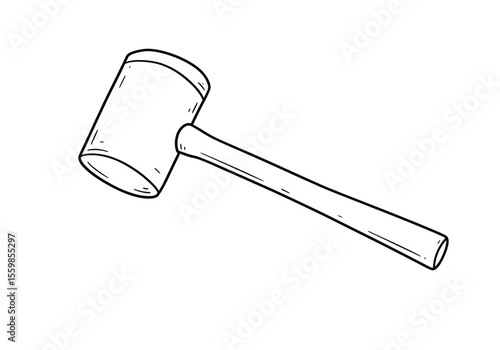 Mallet drawing. It is a black and white outline image of a mallet, a type of hammer with a relatively large head, used for striking without causing damage. Vector sketch line art draw.