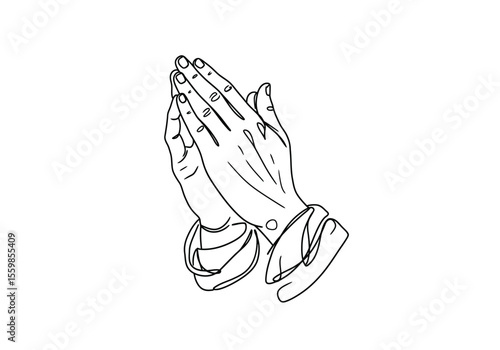 Praying hands drawing. It is a black and white outline image of two hands clasped together in prayer, symbolizing devotion, faith, hope, or gratitude. Vector sketch line art draw.