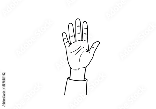 Raising hand drawing. It is a black and white outline image of a single hand raised with fingers extended, signifying a question, an answer, or a request for attention. Vector sketch line art draw.