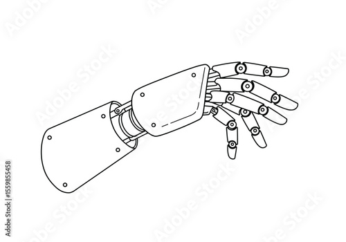 Robot hand drawing. It is a black and white outline image of a robotic hand or arm, featuring mechanical joints and a futuristic design, technology and automation. Vector sketch line art draw.