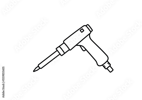 Soldering iron drawing. It is a black and white outline image of a soldering iron, an electronic tool used for melting solder to join metal components. Vector sketch line art draw.
