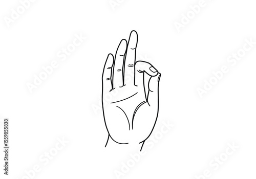 Buddha hand drawing. It is a black and white outline image of a Buddha hand, depicting a mudra, a symbolic or ritualistic gesture in Buddhism. Vector sketch line art draw.