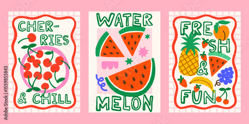 Summer fruits and berries vector posters set. Bright tropical juicy print designs with cherry, watermelon, exotic fruits illustrations in whimsical frames