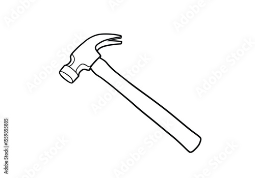 Claw hammer drawing. It is a black and white outline image of a claw hammer, a common tool used for driving and extracting nails. Vector sketch line art draw.