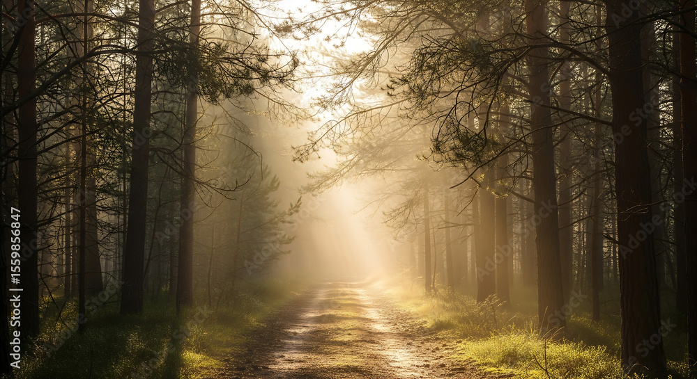 Obraz premium A sunlit path winds through a dense fog filled forest, creating a magical and serene atmosphere