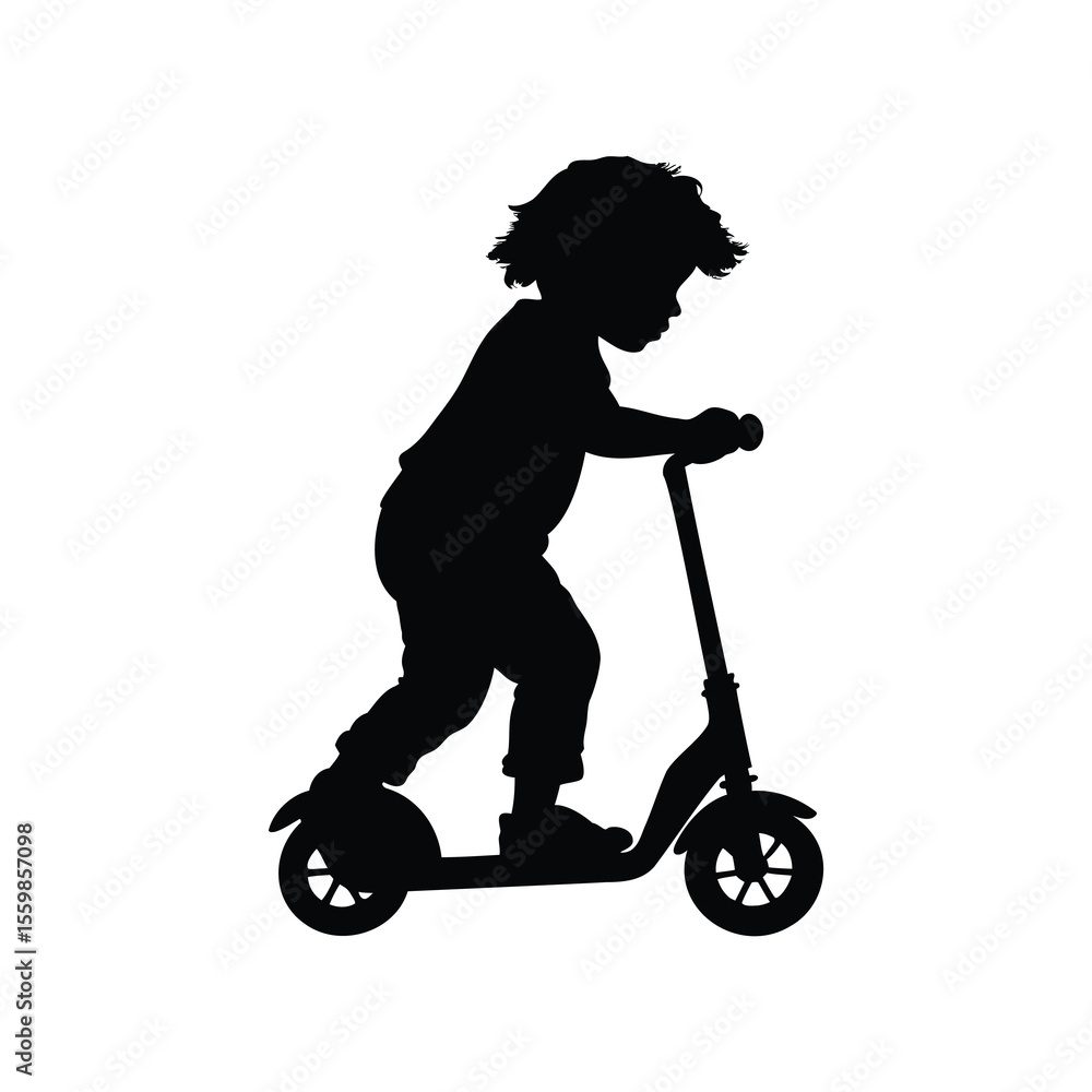 Silhouette of a young child riding a scooter for outdoor play Silhouette of a young child riding a scooter for outdoor play