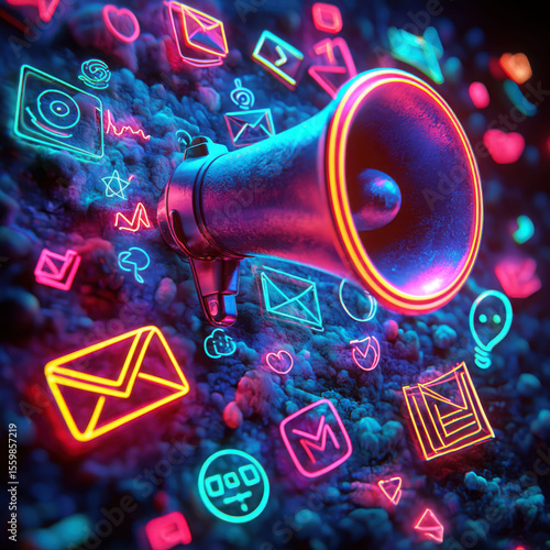 Colorful neon icons and megaphone create vibrant marketing atmosphere