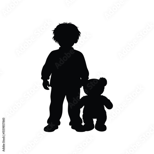 Silhouette of a child standing next to a teddy bear in darkness