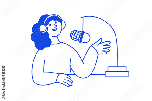 Vector illustration in simple hand drawn linear style with friendly mascots and characters for podcast cover, interview recording