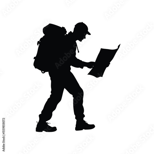 Black silhouette of a lost hiker consulting a paper map for directions