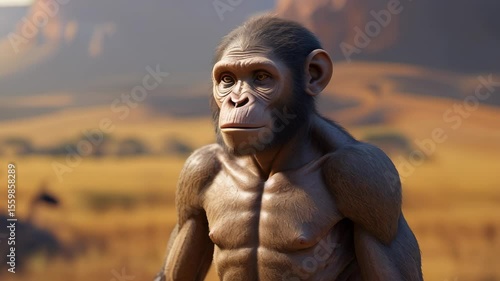 video A detailed portrait of Australopithecus, capturing the facial features and expression of this early hominid species, offering a glimpse into human evolutionary history