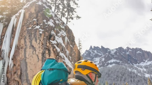 Senior East Asian climber consulting map while standing in snowy mountain landscape, wearing full ski gear amid icy wilderness terrain