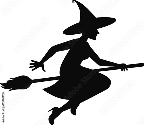 Silhouette of a witch flying on a broomstick