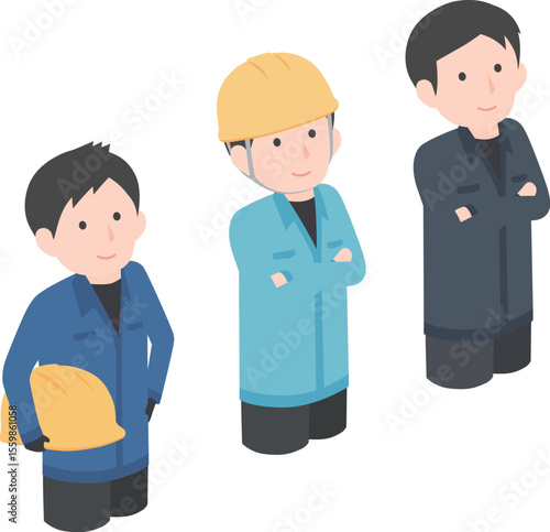 3人の若い男性作業員がこちらを見上げているイラスト