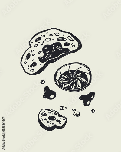 Rustic Olive Oil Collection, Blue Hand Drawn Illustrations of Olive Bottles, Olives, Herbs, Bread and Oil Drops on Beige Background. Mediterranean Kitchen Decor in Line Art Style
