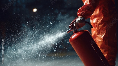 A closeup view of a portable fire extinguisher being tested for discharge efficacy with a spray of extinguishing agent captured midair showcasing proper safety precautions and protective