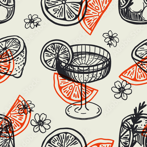 Aperol cocktail with ice and slice of lemon for cocktail bar or summer party. Alcohol cocktail with beach bar and cafe menu. Mediterranean themed Amalfi coast party decoration. Vector illustration
