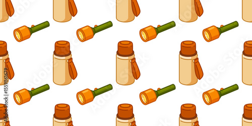 Seamless Camping Equipment Pattern. Seamless pattern with camping flashlights and thermos bottles on white background. Flat style, natural colors.